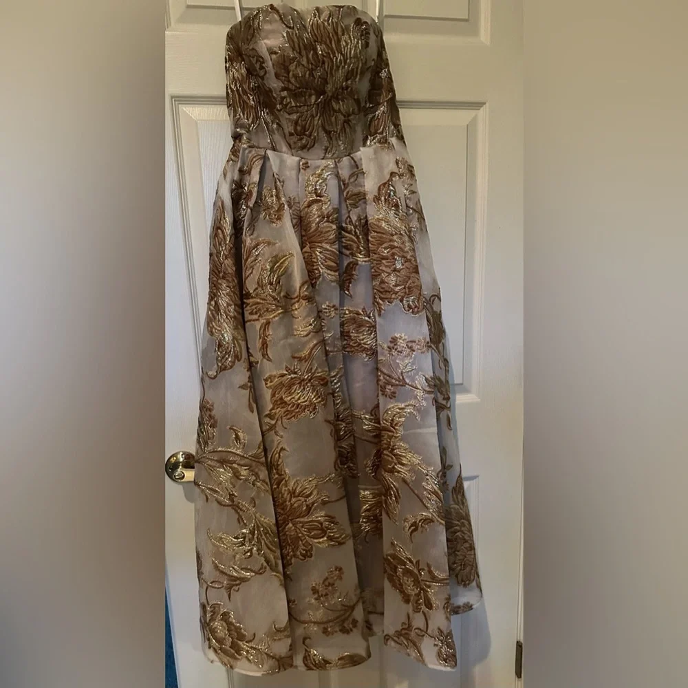 Mac Duggal Gold Strapless Brocade Midi Dress with Pockets - Picture 4 of 5